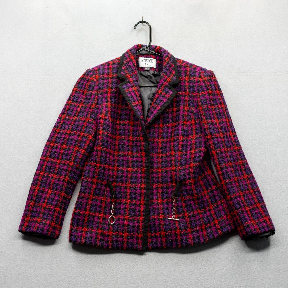 Kasper ASL Womens 10 Boucle Tweed Blazer Purple Red Plaid Chain Toggle Jacket